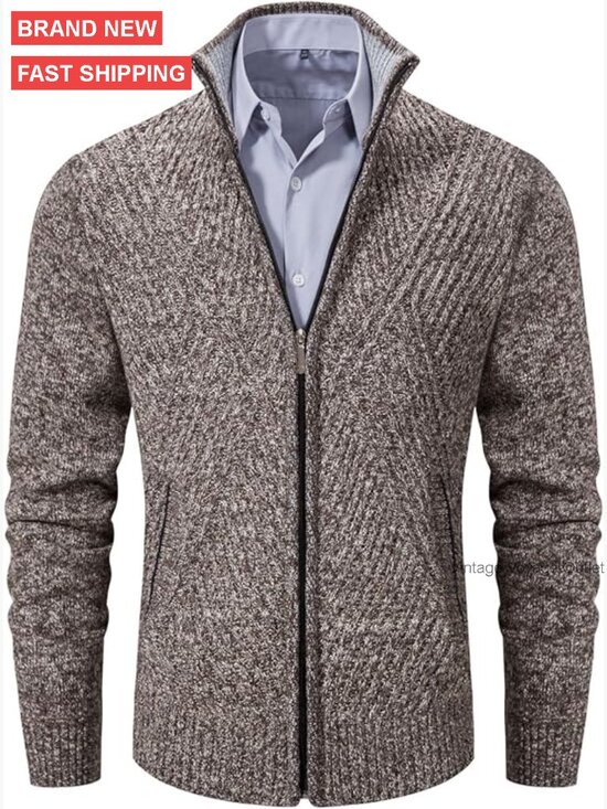 Other - Men's Full Zip Cardigan Sweater Stand Collar Knitted Fleece Lined Pockets